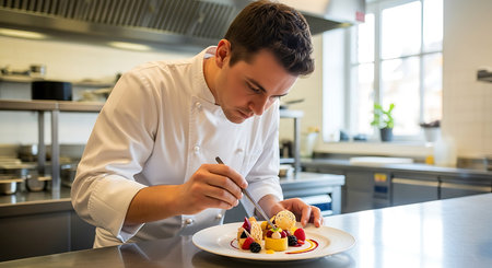 Portrait of a male chef decorating dessert in the kitchen at restaurantの素材