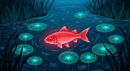Underwater scene with red fish swimming under water. Vector illustration.の素材