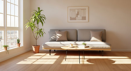 Living room interior with sofa and plant - 3D Rendering.の素材