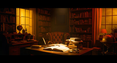 3d rendering of an old school desk with books and a lampの素材