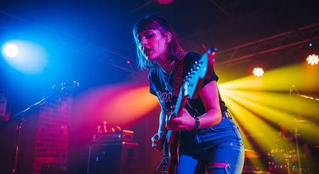 Young girl playing the electric guitar on the stage. Bright rays of light.の素材