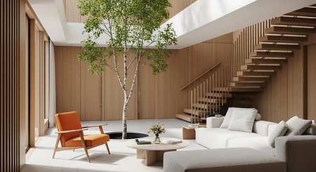 Interior of modern living room with wooden walls, carpet on the floor, comfortable sofa and coffee table. 3d renderingの素材