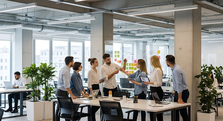 Group of young business people discussing business plan while working in modern officeの素材