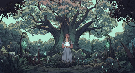 Illustration of a little girl in the forest with an old treeの素材