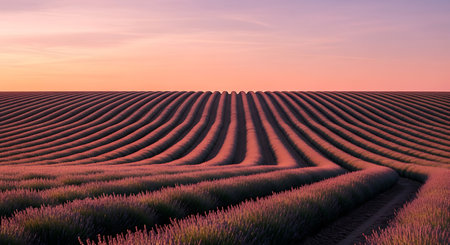 Rows of lavender flowers in the field at sunset, 3d renderの素材