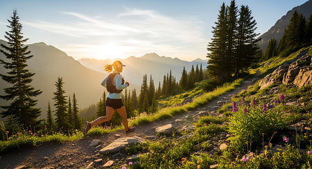 Young woman trail runner running on mountain trail at beautiful summer sunrise.の素材
