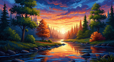 Beautiful landscape with river and forest at sunset. Vector illustration.の素材