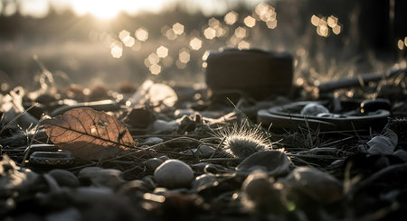 Fallen leaves on a meadow in the light of the setting sunの素材