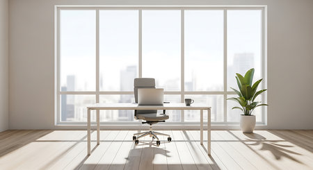 Office interior with window and city view. Workplace concept. 3D Renderingの素材