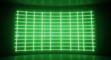Green neon grid on dark background. 3D rendering. Neon lights.の素材