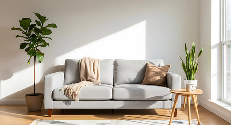 interior with white sofa 3d render illustration mock up of designの素材