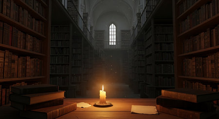The library with books and a candle in the dark. 3d renderingの素材