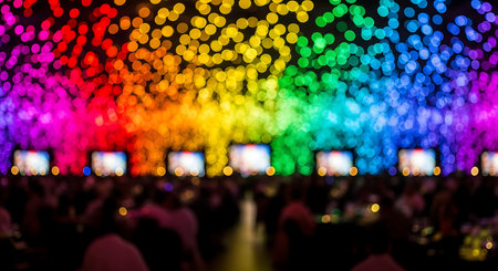 Blurred image of crowd of people at concert with colorful light bokehの素材