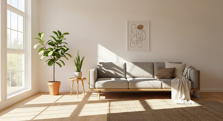Interior of modern living room with gray sofa and plant - 3D Renderingの素材
