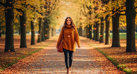 Beautiful young woman walking in autumn park with falling leaves on the groundの素材