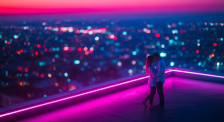 Couple standing on the rooftop and looking at the city in the nightの素材