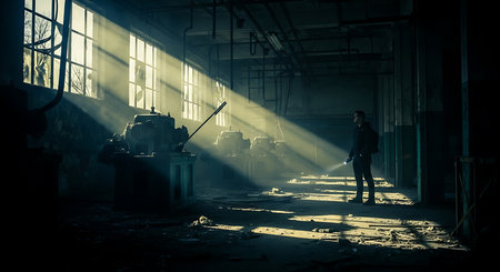 Man standing in a factory and looking at the light from the windowの素材