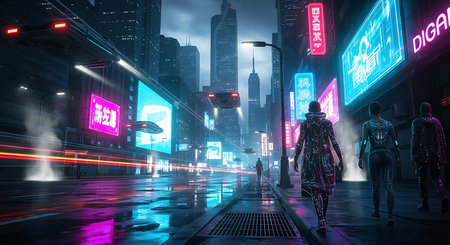 3D rendering of a futuristic city at night with neon lights and peopleの素材