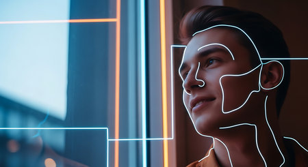 Portrait of a young man with a double exposure of an artificial intelligence concept.の素材