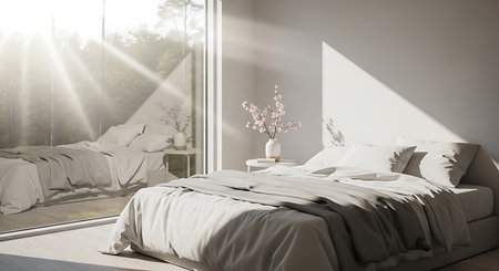 Modern bedroom interior design. 3d render illustration mock up scene.の素材