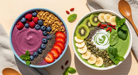 Healthy breakfast bowl with chia seeds, smoothie bowl with fresh berries, banana, strawberry, blueberry and chia seeds.の素材