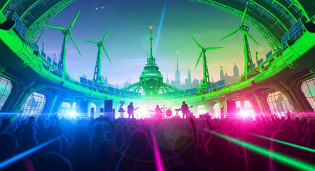 Silhouettes of people dancing in front of a large concert hall with green energy generators.の素材