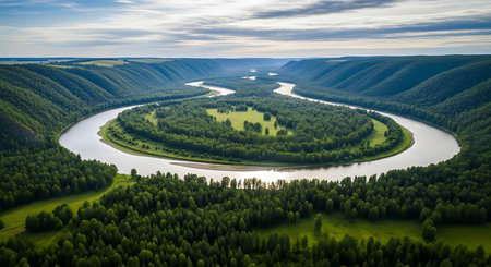 Aerial view of the Vistula river and forest in Polandの素材