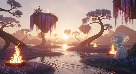 3D render of a fantasy landscape with trees and a bonfireの素材