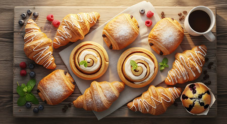 Freshly baked buns with cream and berries on wooden table, top viewの素材