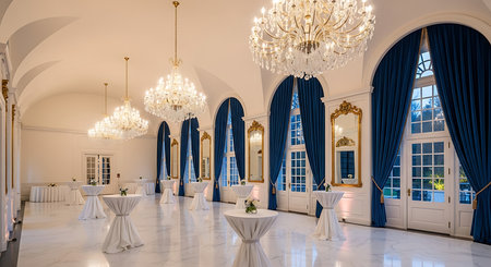 Luxury restaurant interior with blue curtains and crystal chandeliersの素材