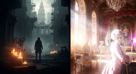 Mysterious halloween concept with ghost woman in haunted houseの素材