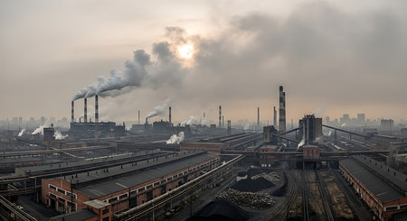 Industrial landscape with smoke from chimneys of power plant at sunsetの素材