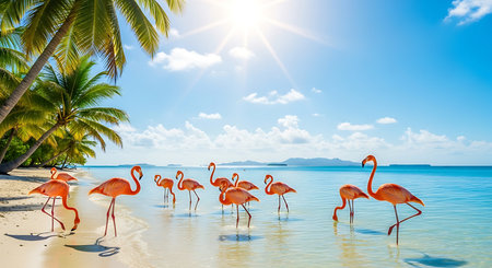 Group of pink flamingos on a tropical beach with palm trees and blue skyの素材