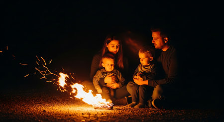 Happy family with two kids sitting around bonfire in the dark at nightの素材