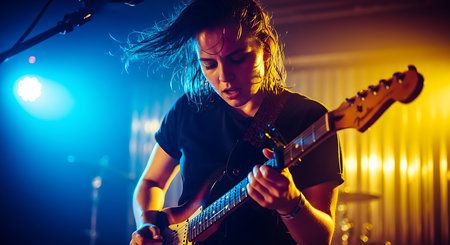 Young woman playing the electric guitar on stage in the nightclub. Music concept.の素材