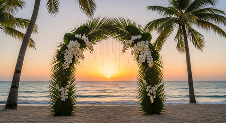 wedding arch on the beach with palm trees and flowers at sunsetの素材