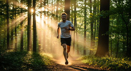 Running man jogging in forest at sunrise. Sport fitness model caucasian ethnicity training outdoor.の素材