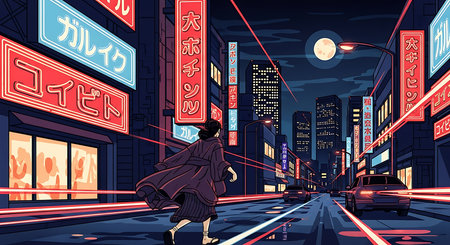 New York City street at night with neon lights. Vector illustration.の素材