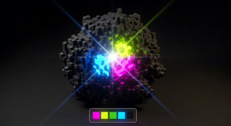 3d illustration of abstract geometric shape with colorful lights and loading barの素材