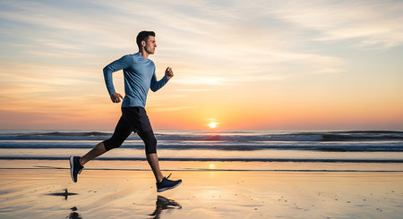 Young man running on the beach at sunrise. Fitness and healthy lifestyle.の素材