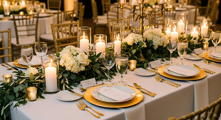 Wedding table setting with candles, flowers and cutleryの素材