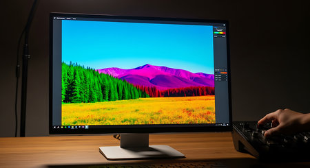 Freelancer working on a desktop computer with a colorful landscape on the screenの素材