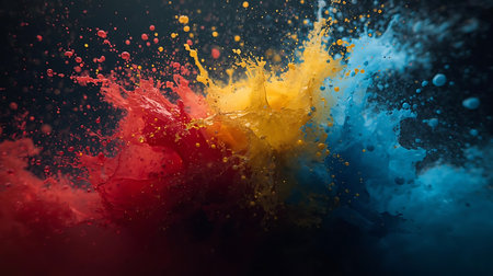 Colorful splashes of paint on a black background. 3d renderingの素材