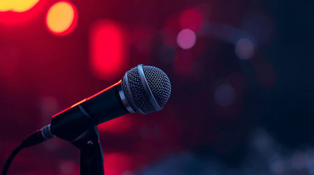 Microphone on stage with blurred bokeh background, music conceptの素材