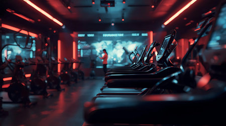 Interior of a modern fitness hall with dark red lights and equipmentの素材