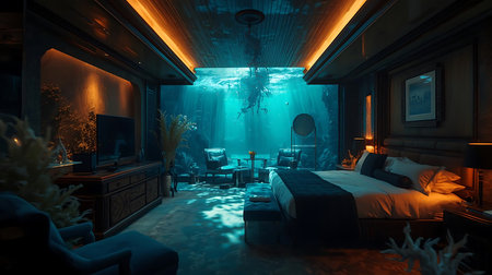 3D rendering of a fantasy hotel room with a swimming pool.の素材