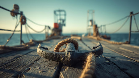 Anchor and rope on a wooden pier. Toned.の素材