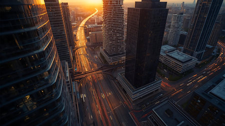 Skyscrapers in the city at sunset. View from aboveの素材