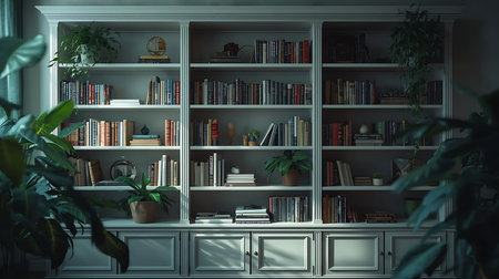 Bookshelf with books and plants in room. 3d renderingの素材