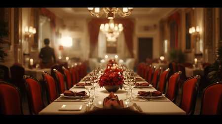Interior of a restaurant with red chairs and table setting for dinner.の素材